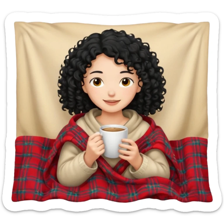 girl with black curly hair inside a blanket sipping coffee eyes closed sticker