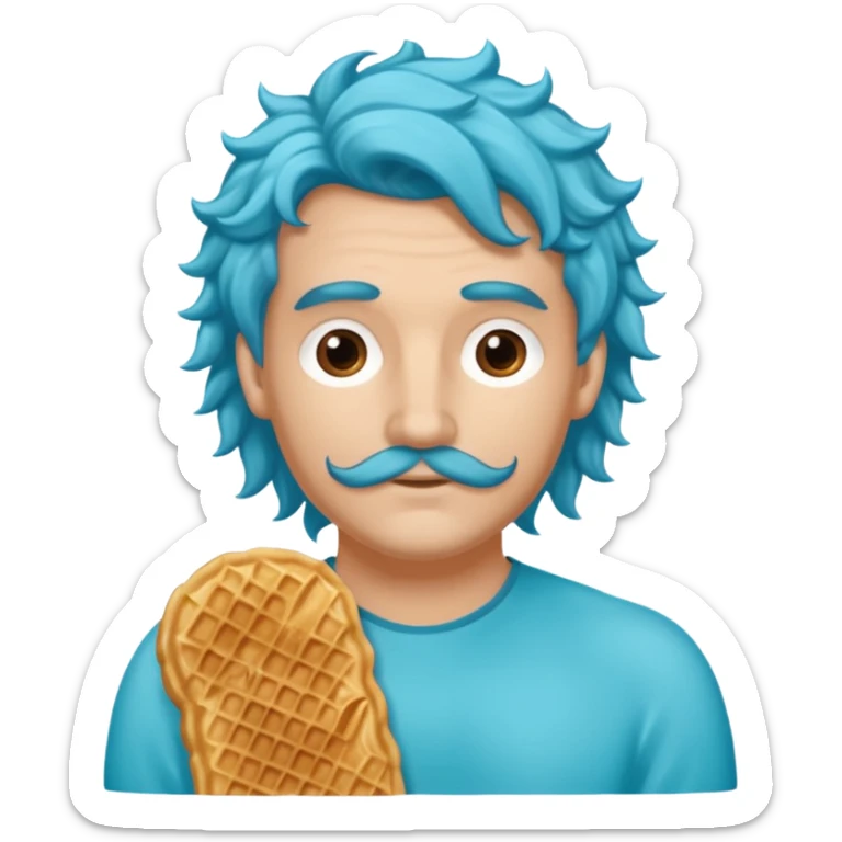 Crée un homme sirène avec une queue bleu turquoise et des long cheveux bouclé chatin en train de manger une gaufre  sticker
