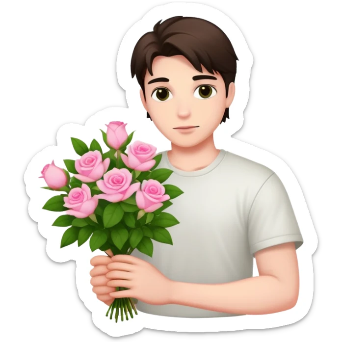 A cool bad boy with fair skin holding a bouquet of pink jasmine roses sticker