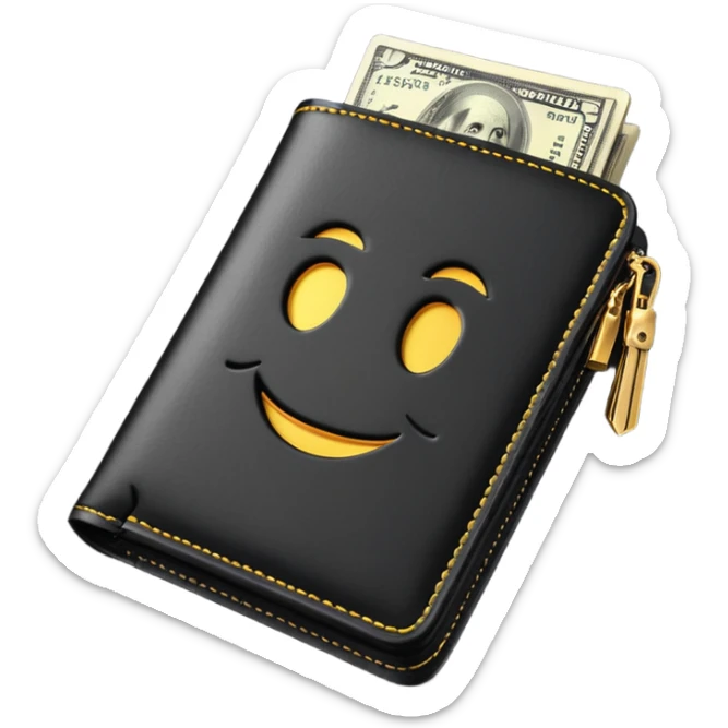 Rich emoji style black leather wallet with dollar bills, luxury money vibe, premium 3D emoji, ultra clean, high detail, no background
 sticker