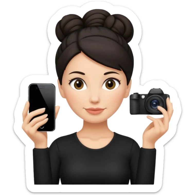 48 year old woman photographer with dark hair in a bun, wearing black clothes sticker