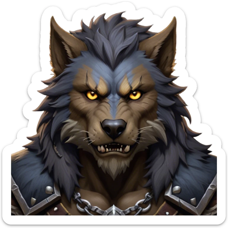 Cinematic Realistic WoW Worgen Portrait, depicted as a fearsome blend of man and beast, with rugged, dark fur intermingling with tanned, weathered skin. His piercing amber eyes and fierce expression are framed by disheveled hair and subtly detailed, worn leather attire in dark, consistent hues. Rendered with lifelike texture and dramatic, natural lighting, high shine, noble and formidable, capturing the primal nobility of a legendary worgen warrior. sticker