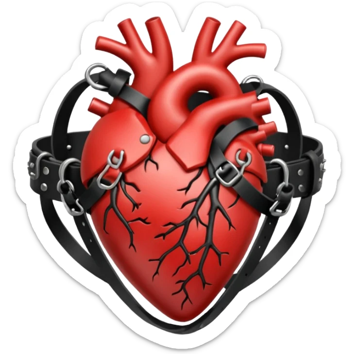 Human heart wrapped in tight leather straps, metal buckles, fetish gothic aesthetic sticker