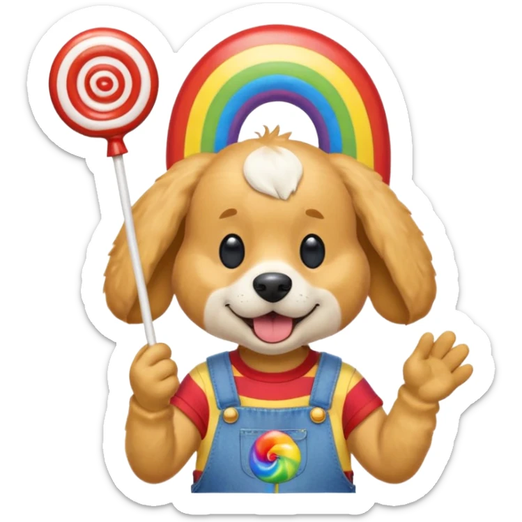 Generate a emoji of a dog with a comically large rainbow swirly lollipop with a goofy silly propeller hat, make the dog wear a striped bright yellow, red, and blue shirt with jean overalls sticker