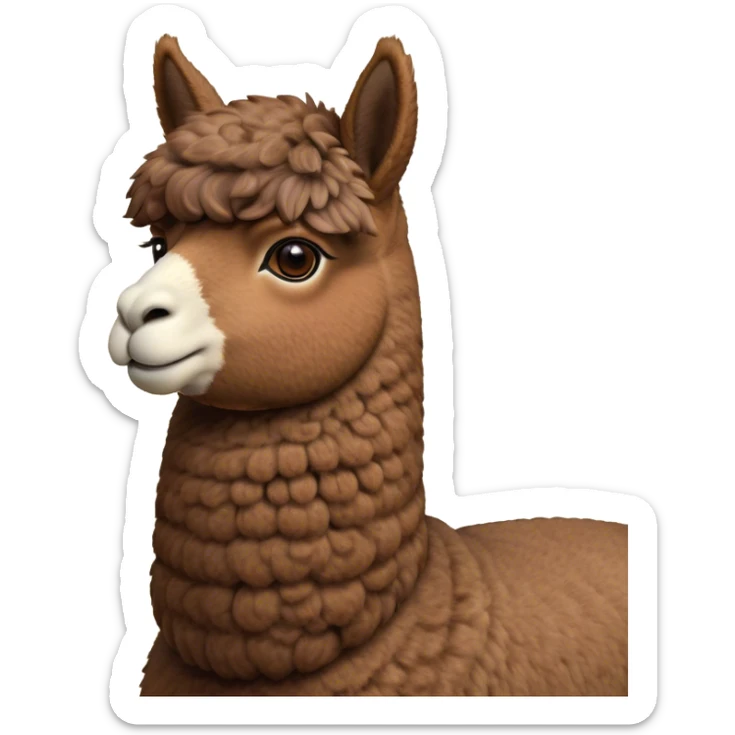 Cinematic Noble Brown Alpaca Portrait Emoji, Poised and regal, with a sturdy, graceful build and a rich, well-groomed brown fleece, deep-set soulful warm eyes, Simplified yet sharp and sophisticated features, highly detailed, glowing with a soft, dignified glow, high shine, intelligent and serene, stylized with an air of pastoral elegance, focused and attentive, soft glowing outline, capturing the essence of a watchful and confident companion, so majestic it feels as though it could stride out of the screen with effortless authority! sticker