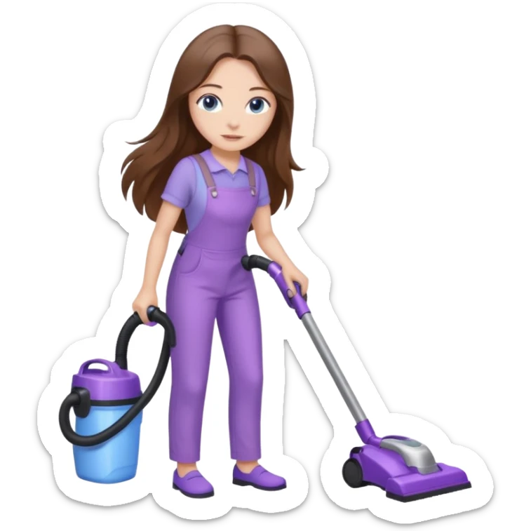 beautiful girl with long brown hair, blue eyes and wearing light purple clothes, cleaning and vacuuming sticker