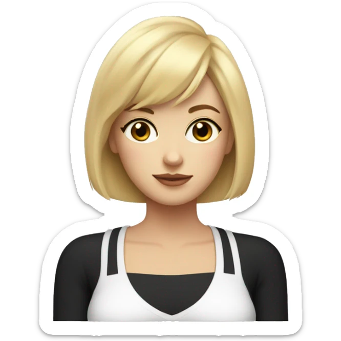 Mom with shorter blond hair and bangs laying with black kitty with white chest sticker