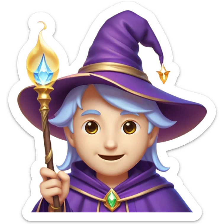 Clash of Clans aesthetic Playful Mage Portrait Emoji, Head tilted with a mischievous glimmer and subtle enchanting smile, featuring a compact, gracefully robed form with a pointed wizard hat and twinkling eyes in natural skin tone, Simplified yet irresistibly charming features, highly detailed, glowing with a warm, inviting magical glow, high shine, spirited and imaginative, stylized with a touch of whimsical sorcery, soft glowing outline, capturing the essence of a playful mage exuding friendly arcane wonder! sticker