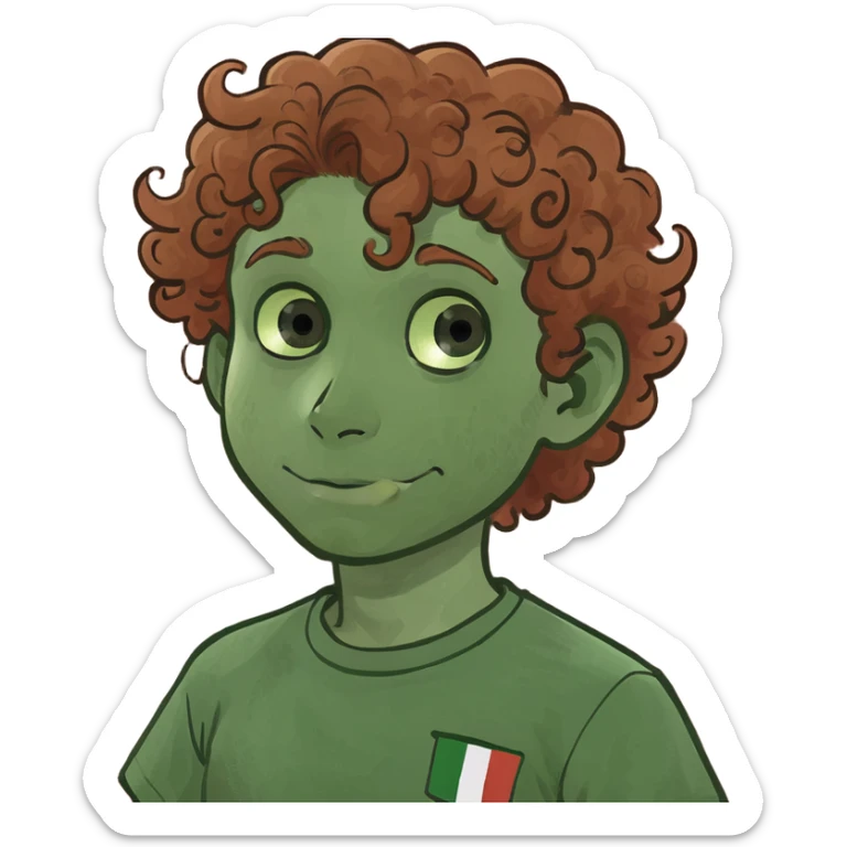 Curly reddish brown haired boy Italy shirt  walking Shiba Inu dog sticker