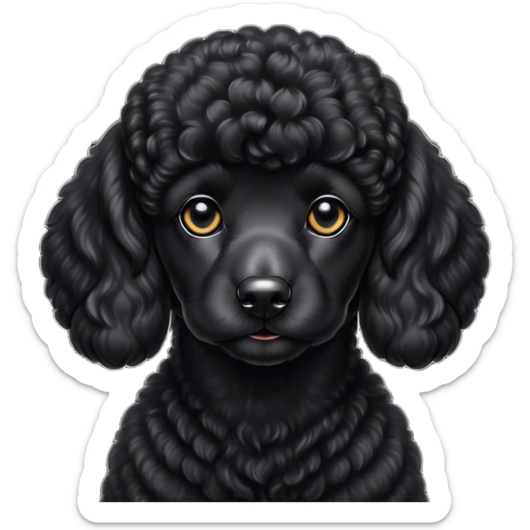 Cinematic Noble Black Poodle Portrait Emoji, Poised and regal, with a refined, elegant build and a meticulously groomed, curly jet-black Fur, deep-set soulful dark eyes, Simplified yet sharp and sophisticated features, highly detailed, glowing with a soft, dignified glow, high shine, intelligent and graceful, stylized with an air of sophistication, focused and attentive, soft glowing outline, capturing the essence of a watchful and confident companion, so majestic it feels as though it could prance out of the screen with effortless authority! sticker