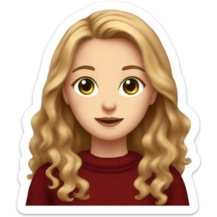 White girl with green eyes and long light brown wavy hair wearing a dark red sweater and holding a tortoiseshell cat sticker