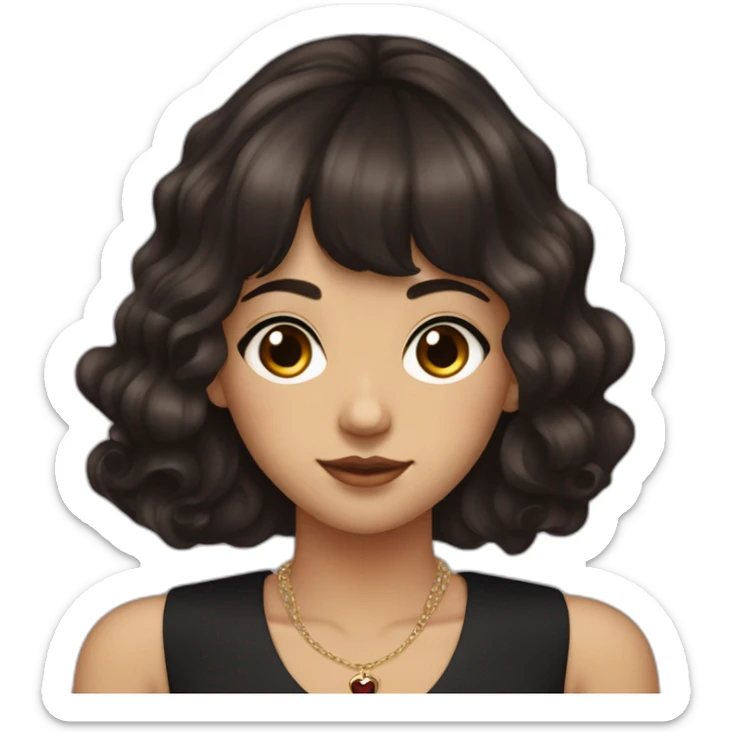 young woman with long dark red brown hair that is wavy with bangs parted to the sides and dark brown eyes. She wears a sleeveless black flapper dress with a cross necklace sticker