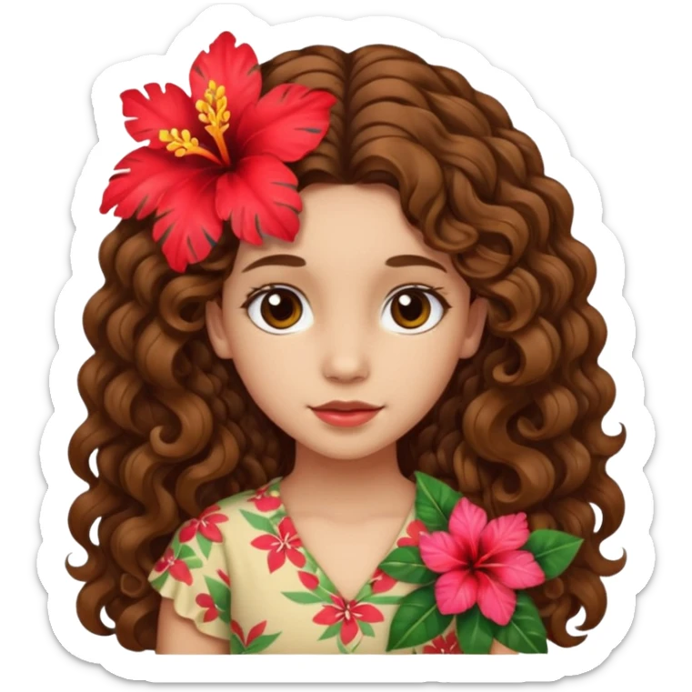 Chica morena clara de ojos marrones cabello rizado largo de lado y una flor hawaiana en el cabello  sticker