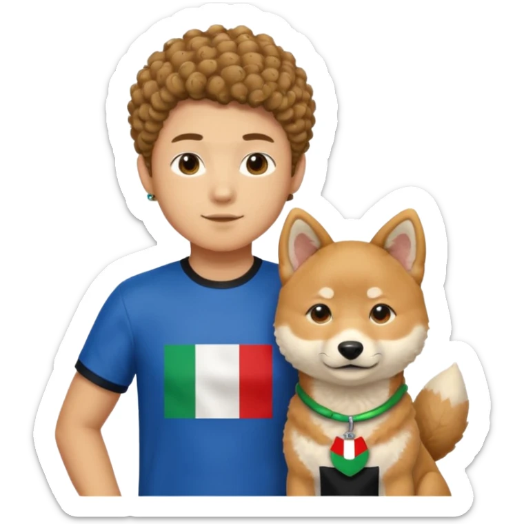 Italy flag shirt boy curly hair next to Shiba Inu sticker