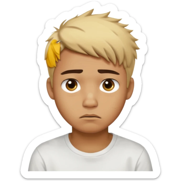 caramel skin color. Teen age. Short buzz, messy blonde hair, dark brown bushy eyebrows large expressive golden-brown eyes, brown skin color, scar over nose, wearing a plain white t-shirt. Disappointed thinking facial expression. caramel skin color. 20 year old male. sticker