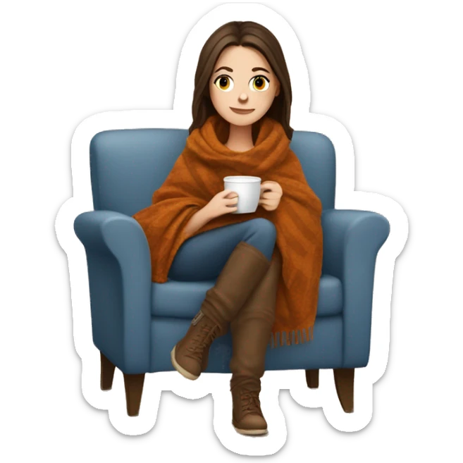 Brunette white girl covered in blanket autumn vibe sitting on a cozy chair holding coffee sticker