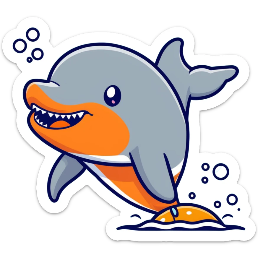 A dolphin jumping out of the water to catch an orange MnM above its head sticker