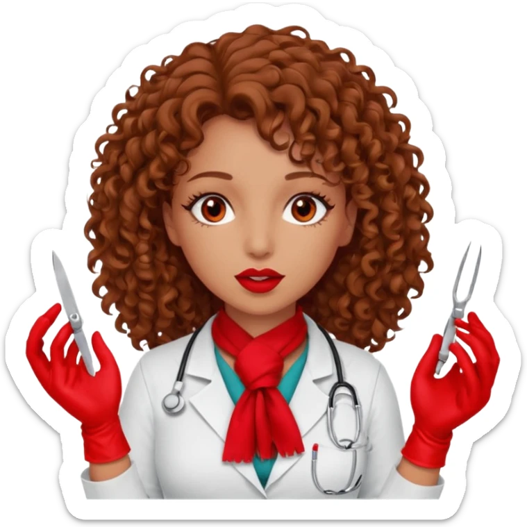 Lilith scalpel in hand, evil surgeon sexy surgeon clothes.  She has red eyes.  Hair is long. Hair is brown and curly hair. Wears sexy doctor outfit with red gloves. Sexy surgeon working for Cartel uses scarf to Covers mouth and neck mask  red sticker