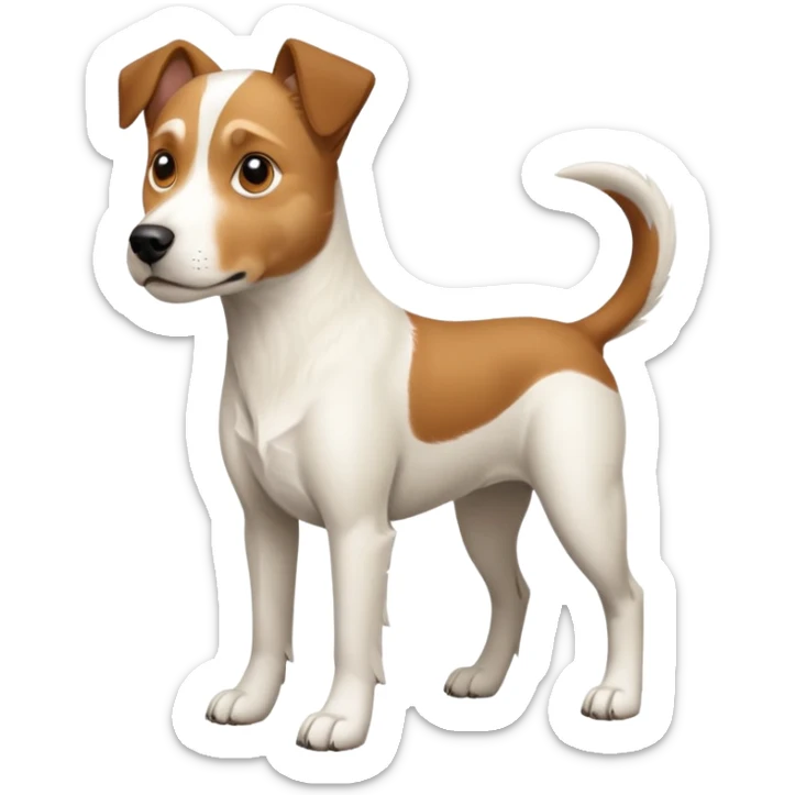 a full body large white parson russell looking dog the size of a kelpie with light brown flapped down ears and a light brown patch on one eye and a large snout sticker
