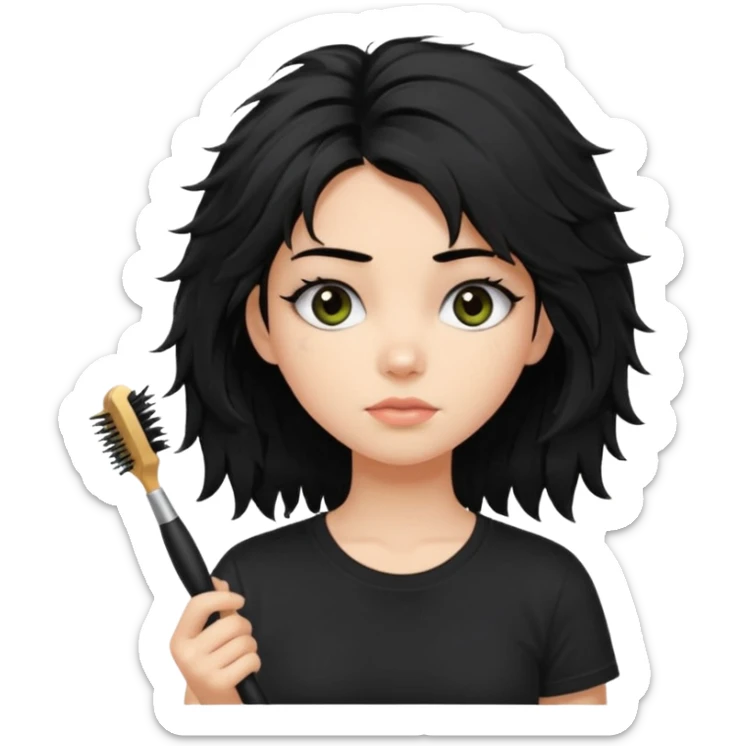 a pretty bratz fair girl with messy shaggy black hair with mascara smudged wearing a tight black tee with a hair brush stuck in hair sticker