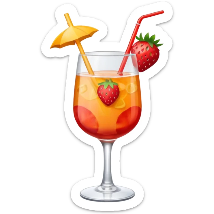 A sex on the beach cocktail in a glas, with a straw and a strawberry on top as a accessoire - should have the style of an emoji sticker
