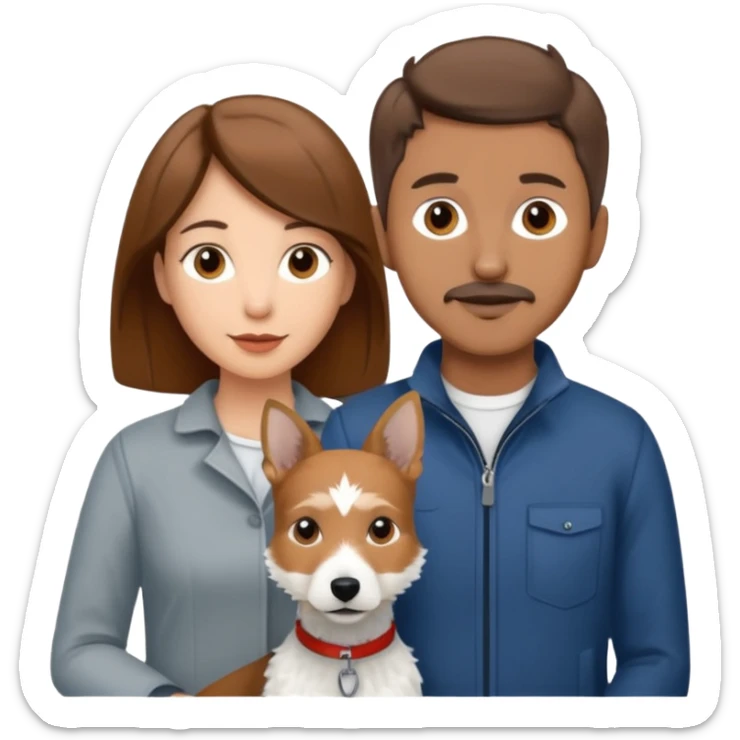 Quiero una pareja la mujer con el pelo castaño y el hombre con el color apenas moro hito con un perro Fox terrier blanco con gris  sticker