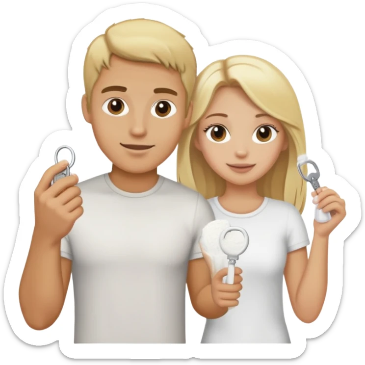 Blonde guy holding a bag of white powder and blonde girl holding a key sticker
