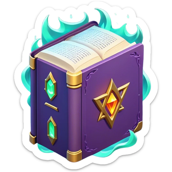 Clash of Clans aesthetic: Cinematic Playful 3D Isometric Spell Book Emoji, rendered in a 3D vector-style similar to standard emojis with minimal shading and bold, simplified shapes. A compact, distinct form with signature details, softly glowing with a fantasy RPG magic charm. Simplified yet unmistakably iconic, highly detailed and consistent, glowing with a soft radiance and high shine. Stylized with a touch of heroic grandeur and a soft glowing outline, capturing the essence of a beloved gaming relic with a friendly, playful manner! sticker
