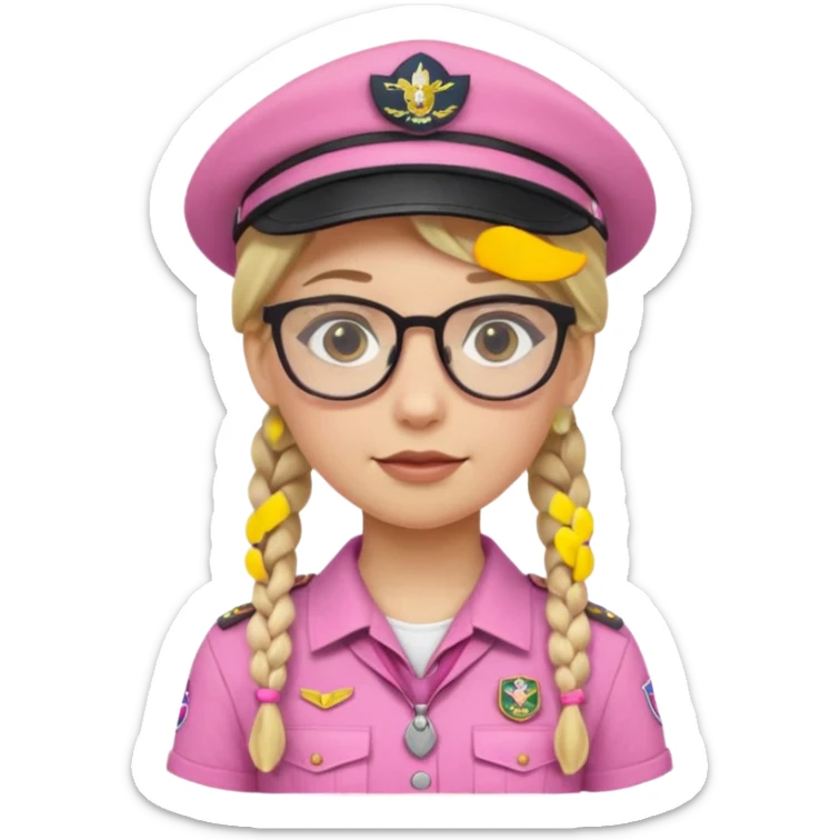 scout girl with pink scout uniform including hat, blonde braided haired and glassess sticker