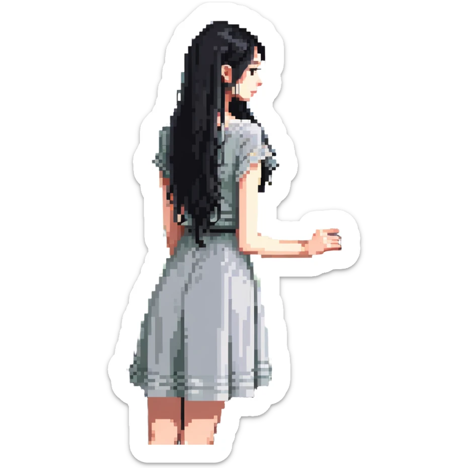 Slim Chinese woman with long black hair in a cute summer outfit with her completely solid grey Italian greyhound looking out a window on a sunny day, the dog has absolutely no white markings anywhere sticker