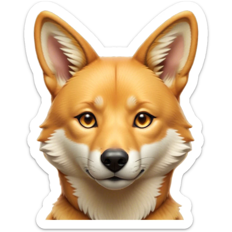 Cinematic Noble Dingo Portrait Emoji, Poised and regal, with a lean, agile build and a short, sandy-tawny fur that speaks of the wild outback, deep-set soulful amber eyes and alert ears, Simplified yet sharp and sophisticated features, highly detailed, glowing with a soft, dignified glow, high shine, intelligent and resourceful, stylized with an air of untamed elegance, focused and attentive, soft glowing outline, capturing the essence of a watchful and confident wild canine, so majestic it feels as though it could trot out of the screen with effortless authority! sticker