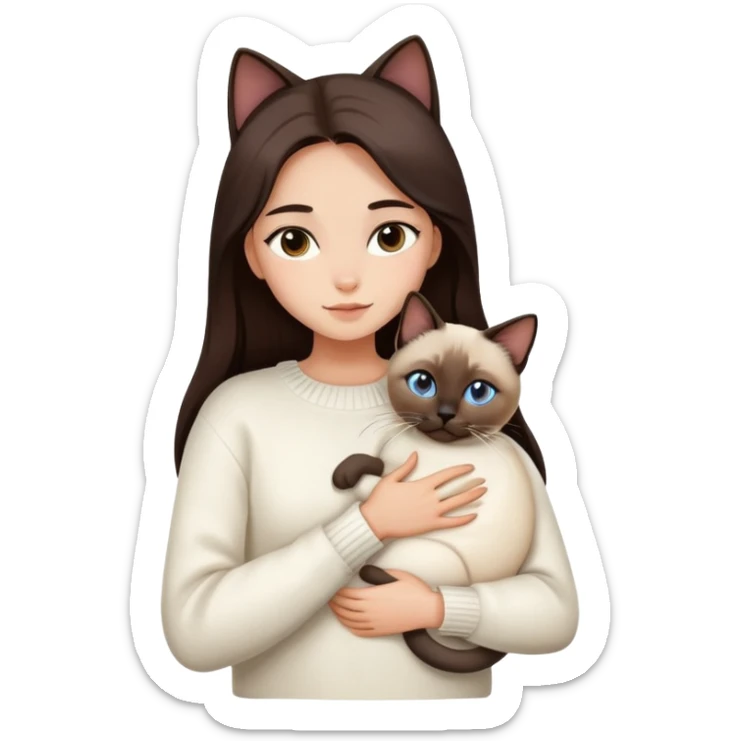 a girl with long dark brown hair, in a white sweater, hugs a Siamese cat sticker