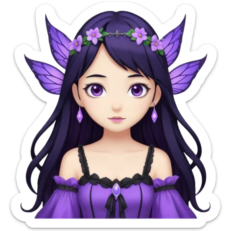 Gothic anime fairy with long beautiful black hair and purple dress, pastelcore, sticker
