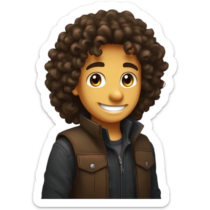 Jeune jeune garçon aux long cheveux bouclés noir yeux marron un sourire qui montre ses dents sticker