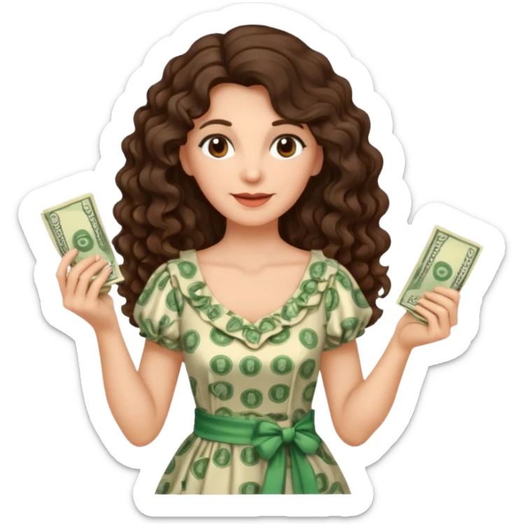 old brunette with long curly hair, in a dress, with money in her hands sticker