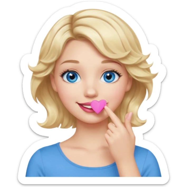 Girl Blonde short wavy hair,  blue eyes, cute blue top, long lashes, pink lips, smiling, hand over the mouth sticker