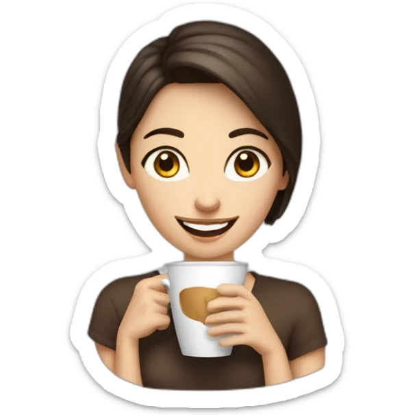white young brunet woman with italian appearance with face visible nervous smile and eyes wide open holding a gigantic cup of coffee sticker
