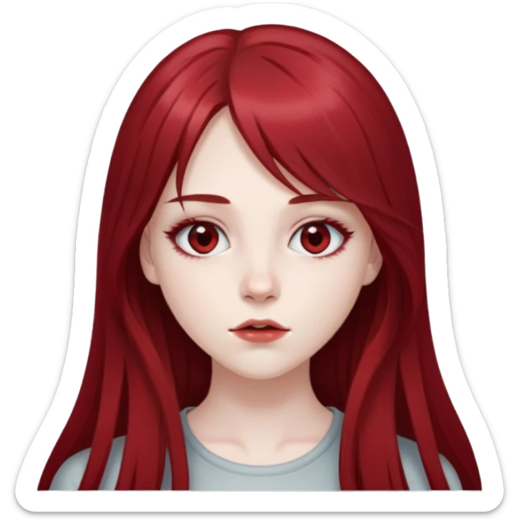 pale girl with deep red and long hair, having a long middle bang on her face, her eyes are greyish in colour sticker
