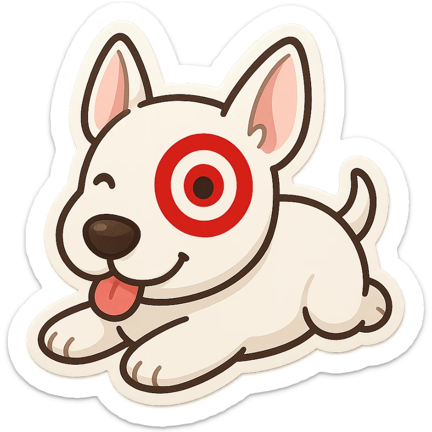 cute cartoon of Target store bullseye dog, lying down, tongue out, red bullseye on eye, soft rounded features, chibi stickers style sticker