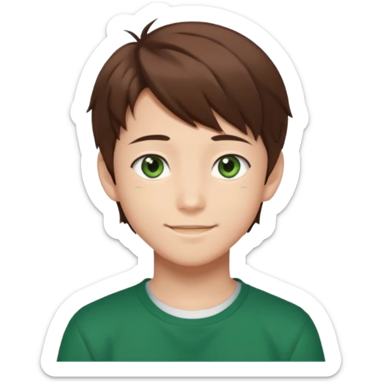 the face of an Anime asian style teen boy with brown hair, green eyes, looking smiling slightly sideways positioned. Face must be main filling of the frame.  128px sticker