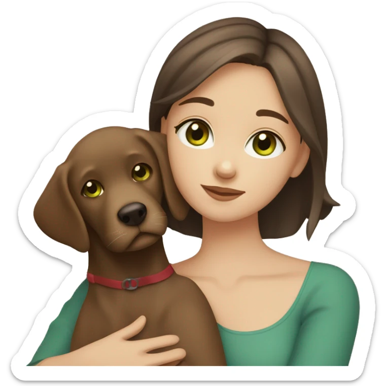 medium brown haired girl with browny green eyes hugging a brown and white girl Labrador  sticker