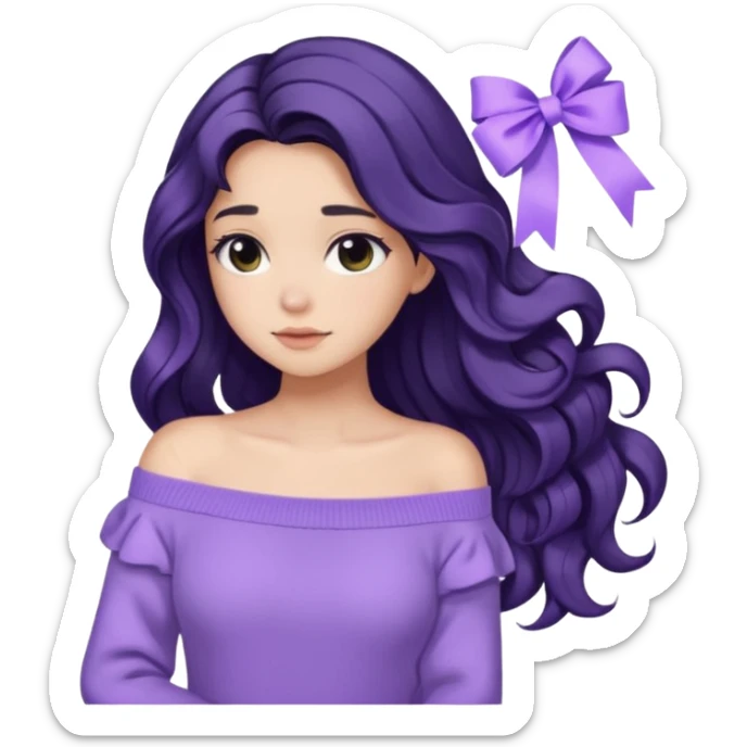 Girl with black wavy long hair and a ribbon hair clip beside it make it look like wearing a lavender off shoulder sweater make its hair stay in the back sticker