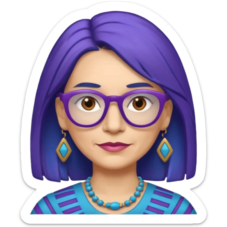 50-year-old woman with purple glasses, brown eyes, and Aztec blue shoulder-length hair sticker