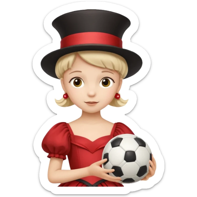 a child in a theatrical hat with a soccer ball in his hands and in a ball gown sticker