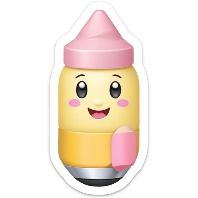 Cute Kawaii Fat Pencil, round and chunky, soft pastel yellow with a cute eraser cap, tiny winking face, glowing highlights, cheerful and ready for doodles! sticker