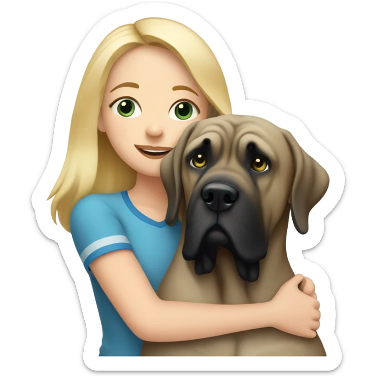 Blonde girl with blue eyes hugging a striped color english mastiff dog sticker
