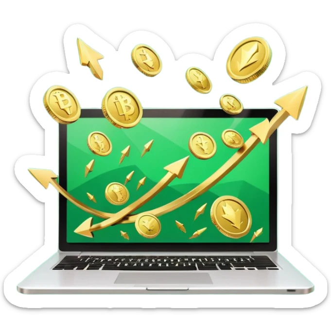 3D laptop icon with gold coins flying out of screen, green color (#0B3D2C), gold accents (#C9B037), upward arrows, glossy modern style, transparent background sticker