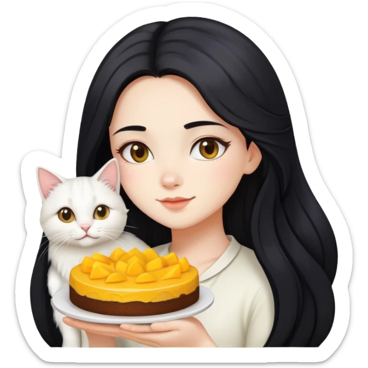 A beautiful girl with long black hair holding a mango cake and a white long-haired cat sticker