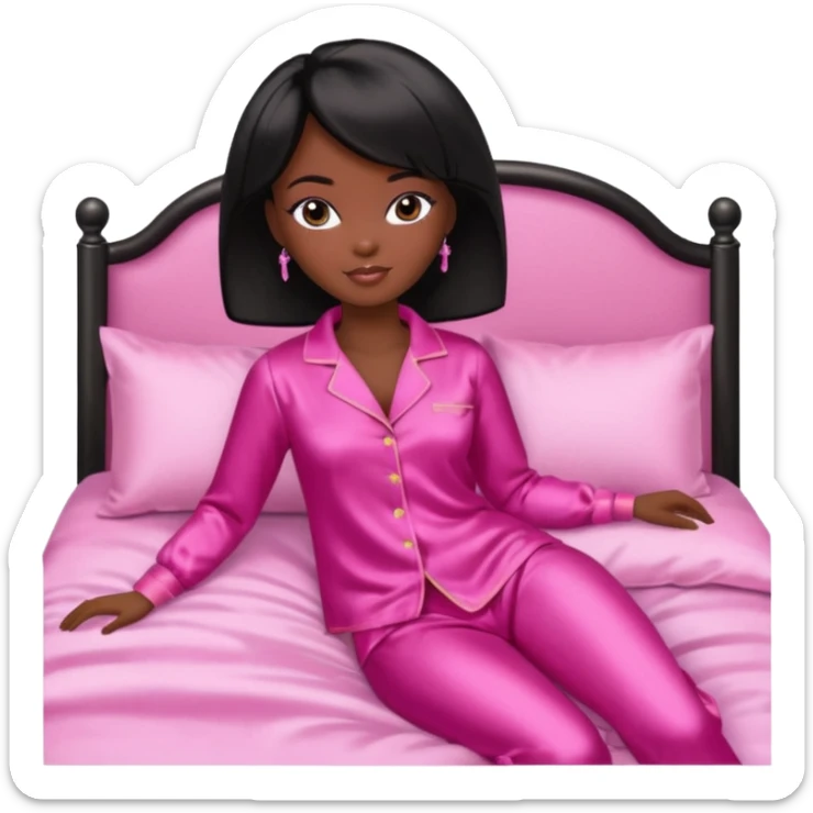 Dark skin Black barbie, short  black bob  hair, pink pajamas in bed  sticker