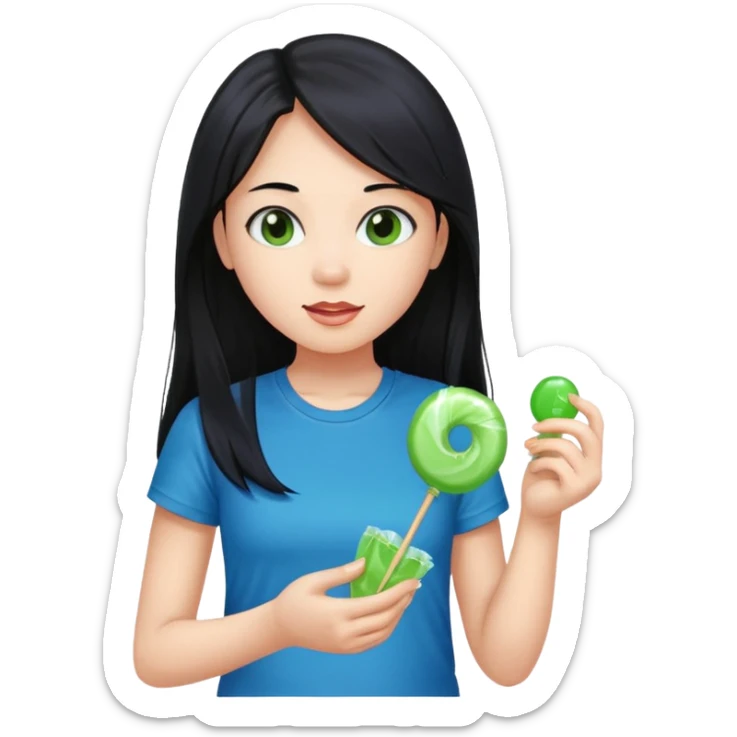 A girl with long black hair wearing a blue t-shirt holding a piece of green hard candy in one hand and a green candy wrapper showing a guava on it in the other hand sticker
